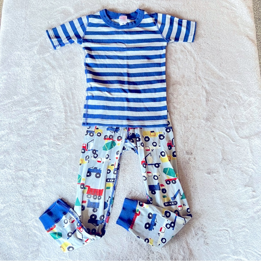 Hanna Andersson Pajamas 2 piece Shirt Pants Construction Trucks Stripes Blue 6-7
